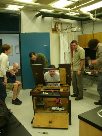 Jentery Sayers hauled in a vintage video game cabinet for the class to tinker with. Although he reported receiving some negative reactions online from purists about degrading a piece of gaming history, a handful of course participants helped build a fully-functional game by the end of the week.